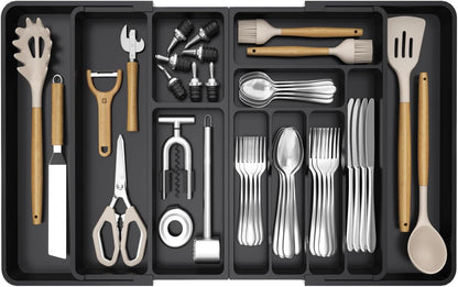 Lifewit Utensil Organizer for Kitchen Drawer, Expandable Cooking Silverware Tray, Adjustable Cutlery Flatware Holder, Plastic Spatula Tools Storage Divider, 14.4 x 15.8", Black