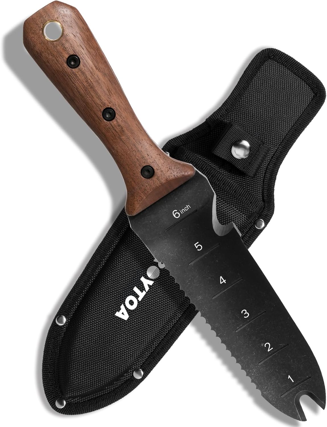ROYTOA Hori Hori Garden Knife, Garden Tools with Sheath for Weeding,Planting,Digging, 7" Stainless Steel Blade with Cutting Edge, Full-Tang Wood Handle with Hanging Hole