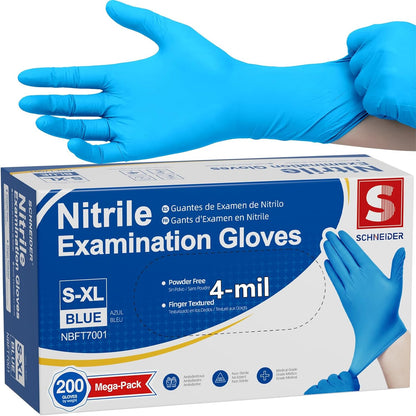 Schneider Nitrile Exam Gloves, Blue, 4 mil, Powder-Free, Latex-Free, for Medical Exam, Cleaning and Food Prep, Non-Sterile