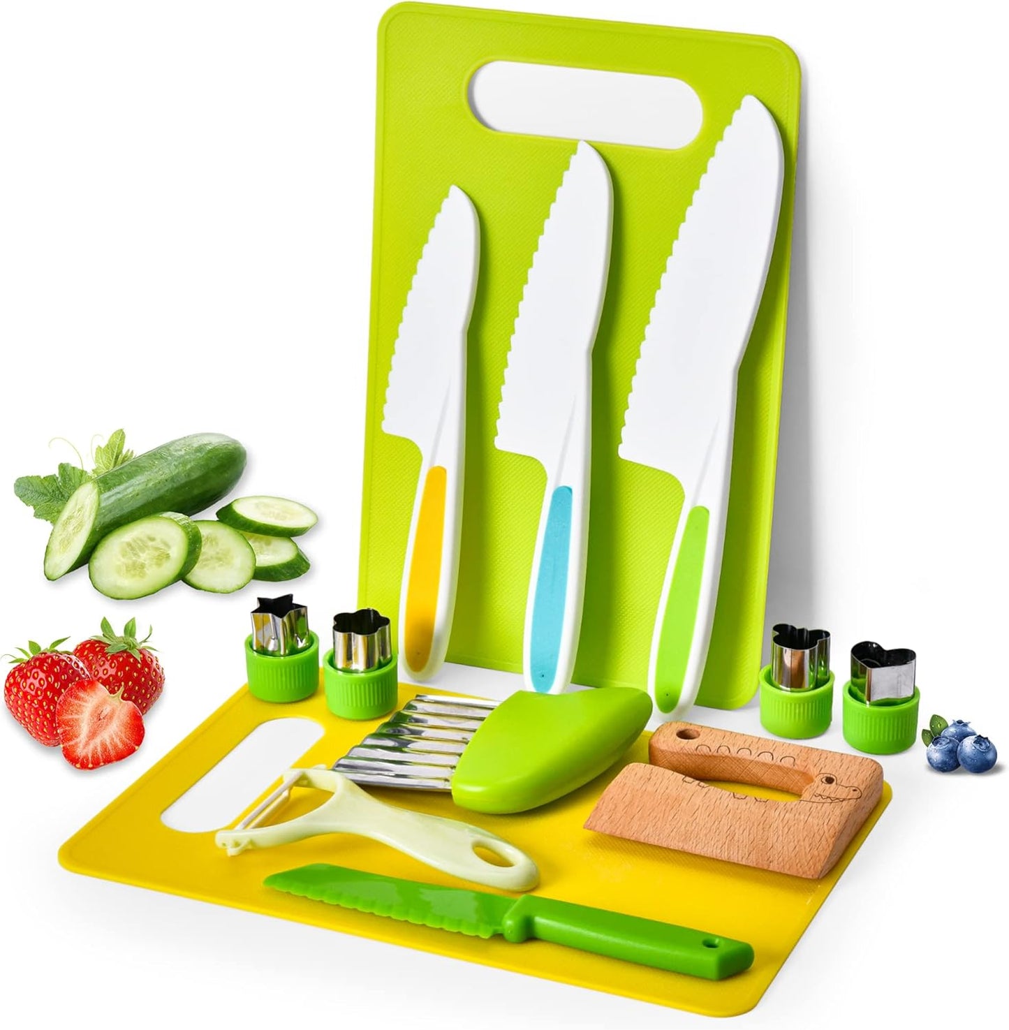 Hilsoeet 26PCS Kids Knives for Real Cooking, Wooden Kids Kitchen Knife Set Include 4 Serrated Edges Plastic Toddler Knives, Cutting Board, Y Peeler, Egg Beater, Toddler Food Picks and Cream Scraper