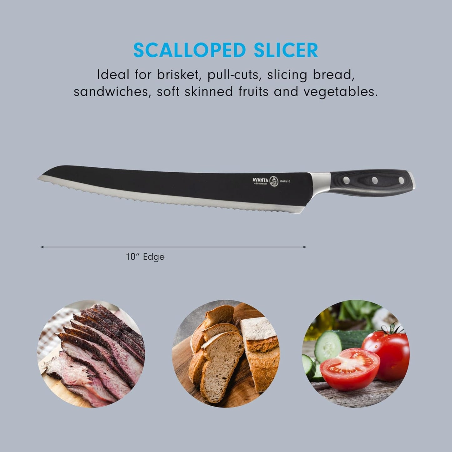 Messermeister Avanta Kendrick BBQ Scalloped Brisket Knife, 10” - German X50 Stainless Steel - Full-Tang Pakkawood Handle - Rust Resistant & Easy to Maintain