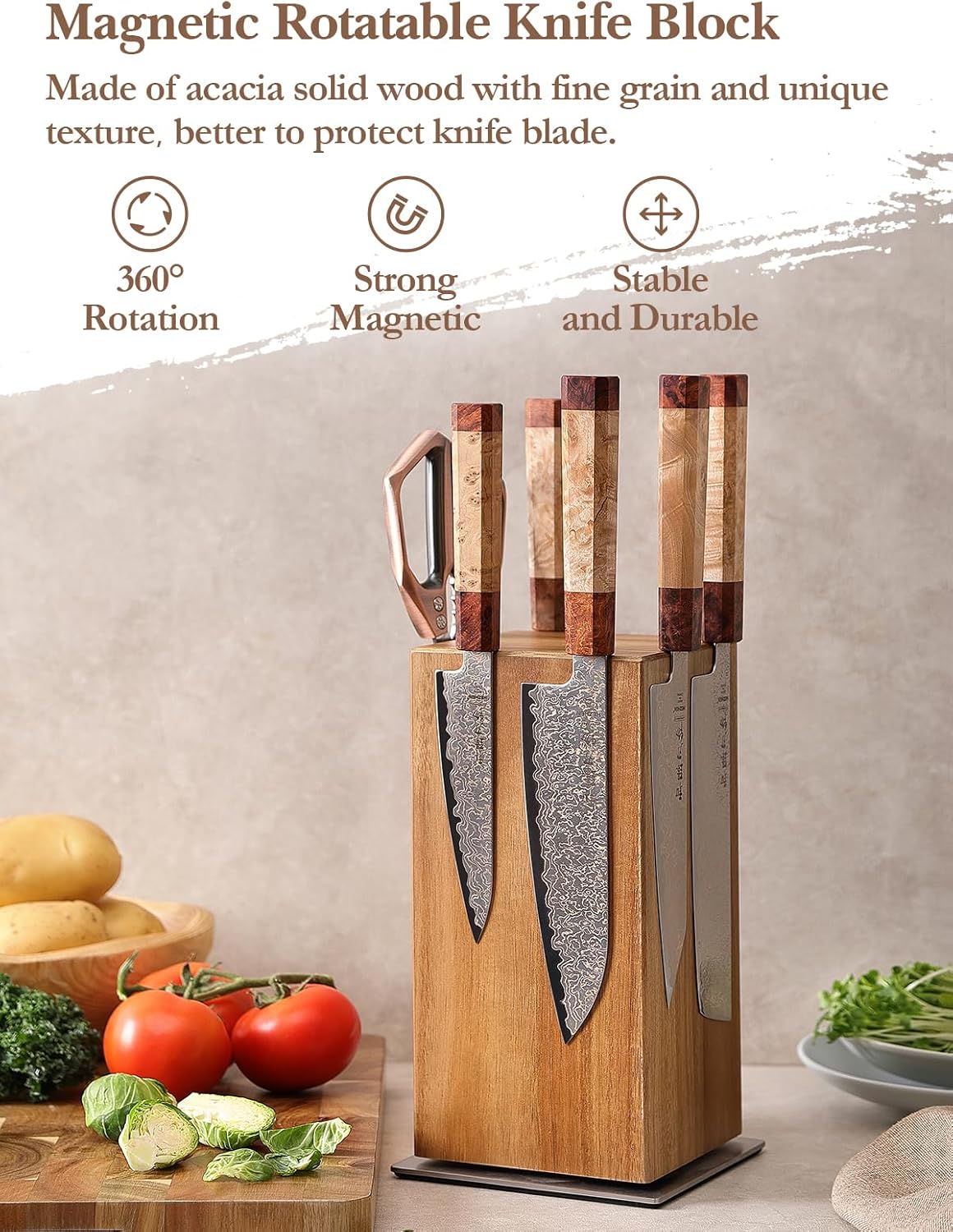 Strong Double Sided Magnetic Knife Block Without Knives, with Acacia Wood+430 Stainless Steel Base，Magnetic Universal Stands with Strong Enhanced Magnets Strip Kitchen Storage Cutlery Large Organizer