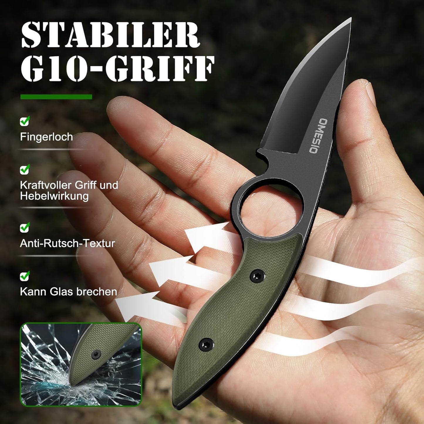 Omesio Small Fixed Blade Knife, Tactical Hunting Camping Knife with Kydex Sheath, Full Tang Stainless Steel Compact EDC Neck G10 Handle with Gift Box for Men (Black)