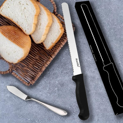 bread knife With Sheath 10 Inch, Black Stainless Steel Sharp Wavy Edge Wide Bread Cutter, For Slicing Homemade Bread, Bagels, Cake,Dishwasher Safe
