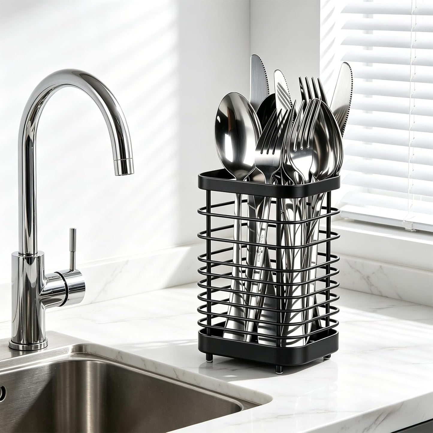 Utensil Holder, Stainless Steel Utensil Drying Rack for Kitchen Counter, Silverware Cutlery Flatware Holder Forks, Knives, Spoons, Chopsticks Organizer (Silver)