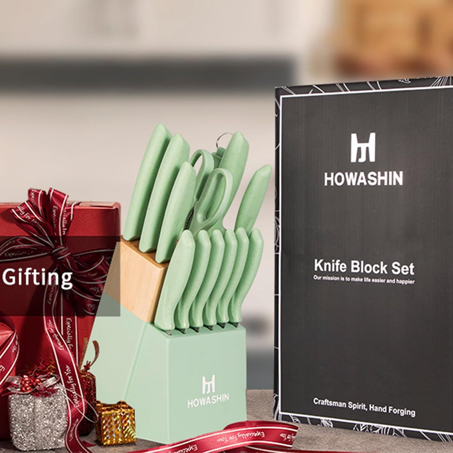 Green Knife Set, 15 Pcs Kitchen Knife Set with Block,High Carbon German Stainless Steel Knife Block Set with Magi-Grip Handle,Hand wash Safe Knives Set