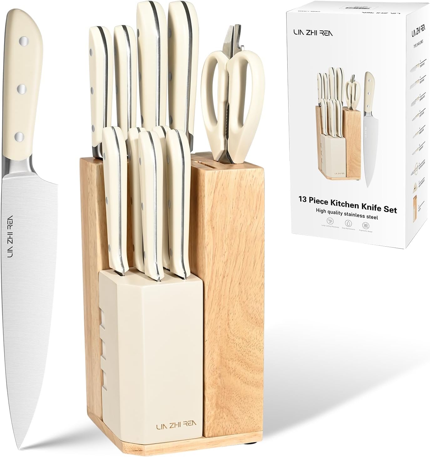 14-Piece Kitchen Knife Set with Detachable Block, High Carbon Stainless Steel Dishwasher Safe Knives, Includes Chef, Santoku, Bread, Steak Knives for Home Kitchen,White