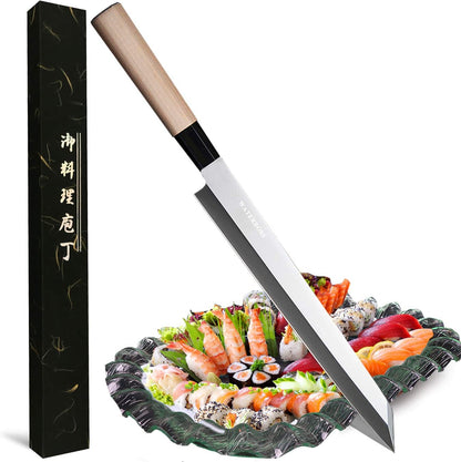 Waterboss,Japanese Sushi Chef Knife Salmon Knife Slicer Razor Sharp Sashimi Watermelon Knives, 5Cr15mov Stainless Steel Sashimi Yanagiba Knife, Maple Handle, 11.8inch (300mm)