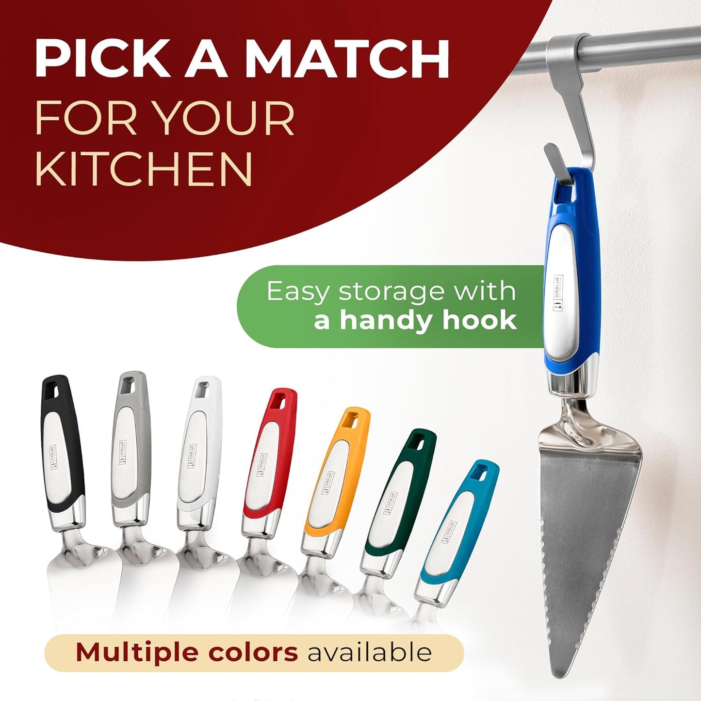 Orblue Pie Server, Essential Kitchen Tool, Serrated on Both Sides, Great for Right or Left Handed Chef, Stainless Steel Flatware , Cake Cutter,White
