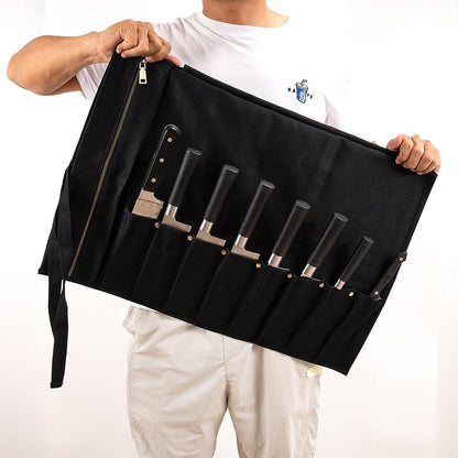 Chef Knife Roll Bag, Waxed Canvas knife bags for chefs professional, Portable 8 Slots Chef Knife Case With 1 Zipper Pockets & 8 Plastic Knife Guards Can Camping and Hold Home Kitchen Knife Tools