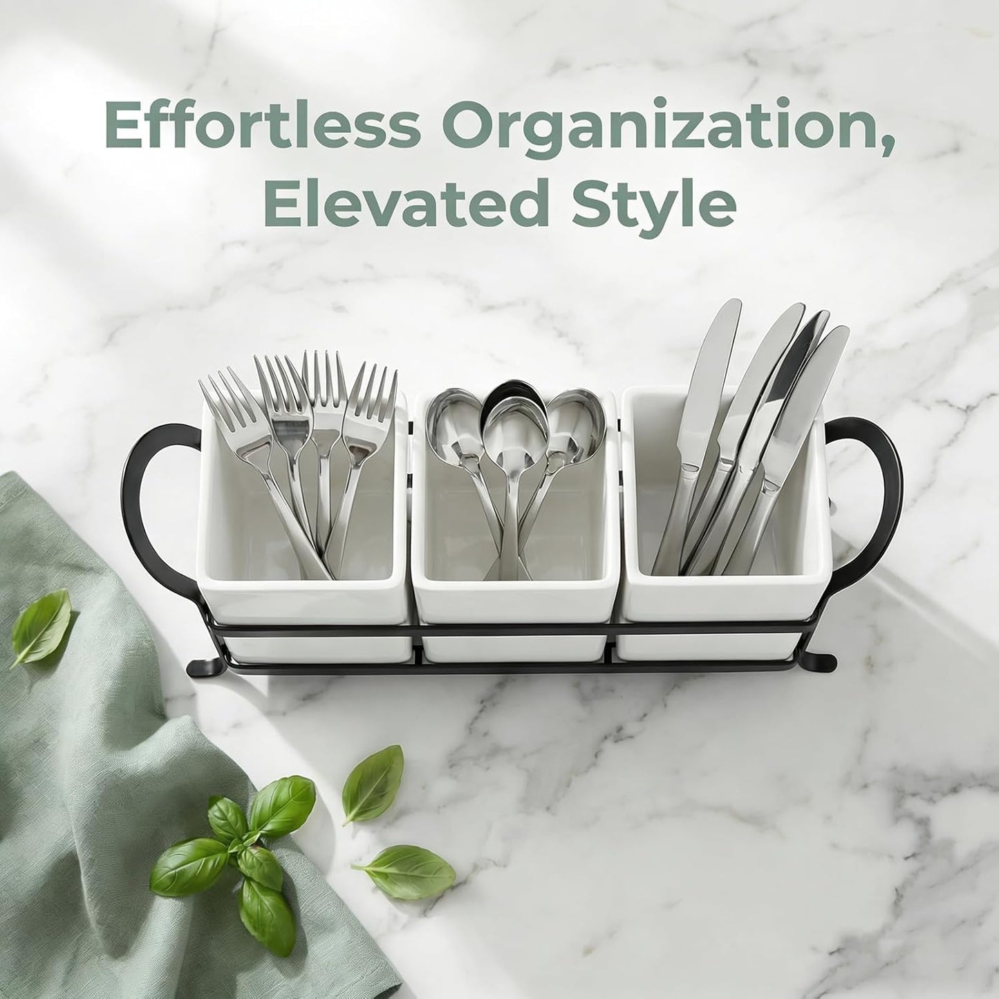Silverware Caddy for Party, Metal Utensil Holder with Drain Holes, Spoons and Forks Cutlery Holder for Kitchen Countertop - White