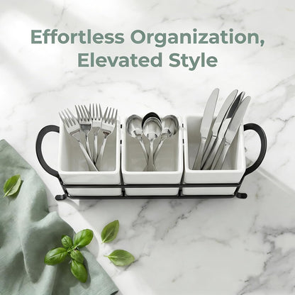 Silverware Caddy for Party, Metal Utensil Holder with Drain Holes, Spoons and Forks Cutlery Holder for Kitchen Countertop - White