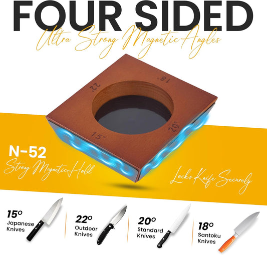Rolling Knife Sharpener Kit - Magnetic 4-Angle Base, 3.86 Inches Longer Wooden Roller, 4 Grit Discs (1000/400 Diamond & 3000 Maroon / 6000 White Ceramic) and Leather Strop