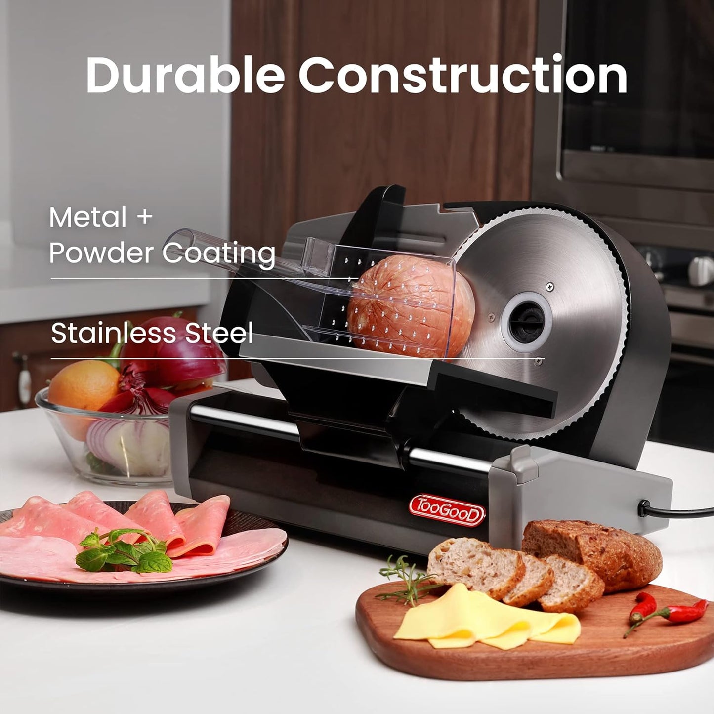 TOOGOOD 7.5" Electric Meat Slicer, with Stainless Steel Blade, Adjustable Thickness Food Slicer Machine for Home Use, Cuts Meat, Ham, Hard Cheese and Deli (Black)