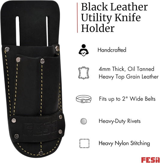 FESA Leather Utility Knife Pouch - Top Grain Leather Knife Pouch for Belt with 2 Pen/Pencil Pockets & Heavy Duty Reinforced Rivets - Fits Belts up to 2" - Handcrafted