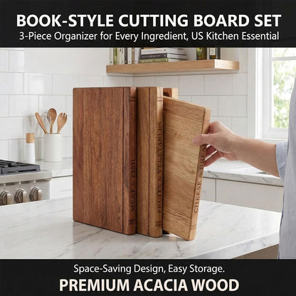 Library Cutting Board Set, Wood Book Cutting Boards with Stand, Decorative Cutting Boards for Kitchen Display, Acacia Wooden Chopping Board Set of 3