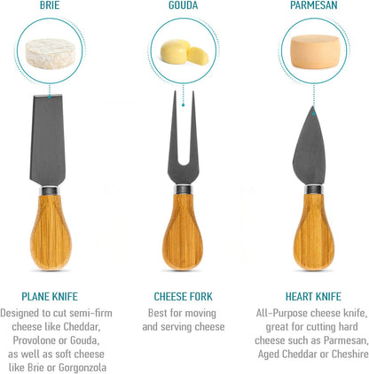 Bamboo Cheese Board and Knife Set 14x11 inch – Wood Cheese Cutting Board, Serving Tray Platter, Charcuterie Board Set with 4 Cheese Knives – BlauKe®