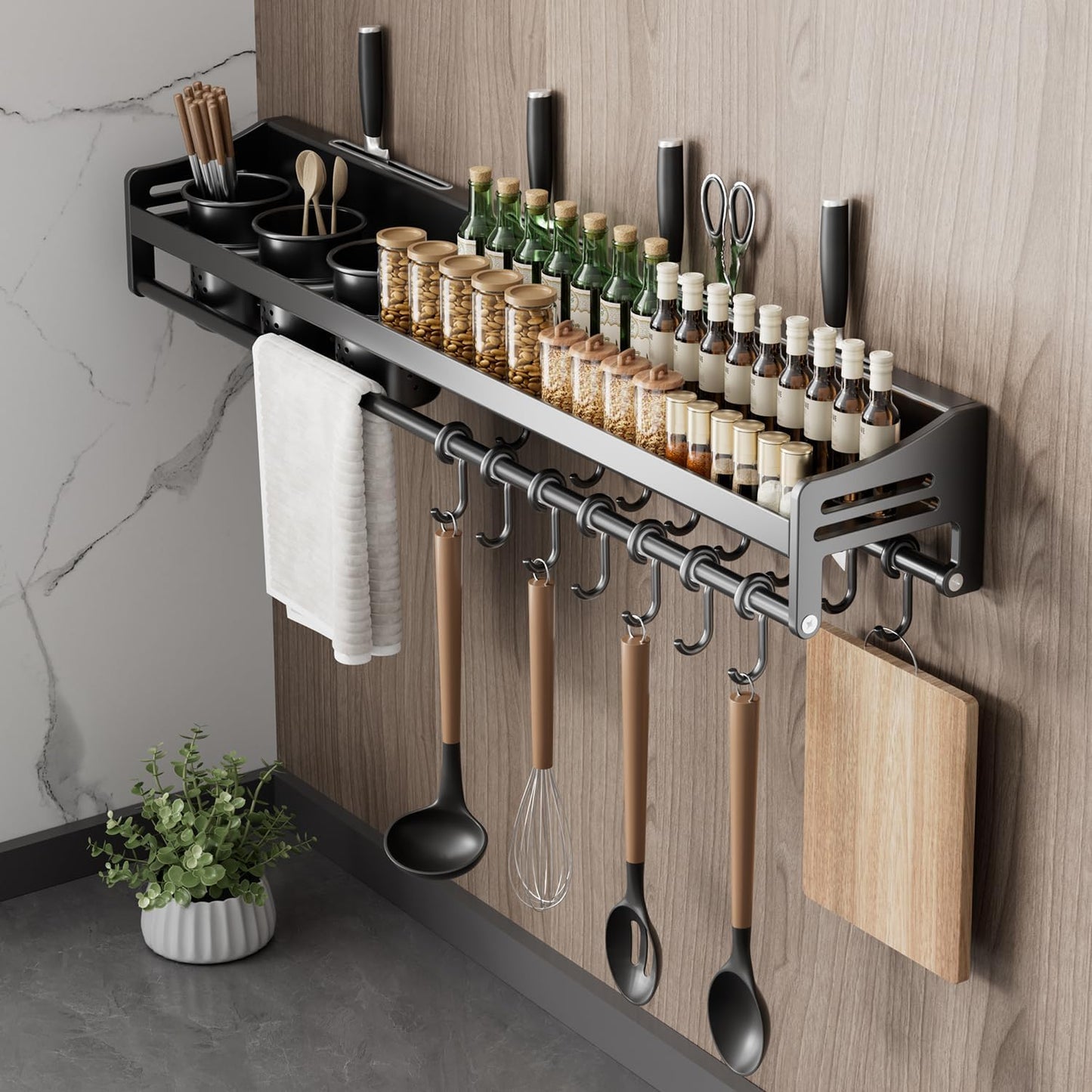utensil hanger, wall mounted kitchen rail with hooks, waterproof hooks for kitchen utensils, easy installation without drilling (19.7 inches, Cup, 1)