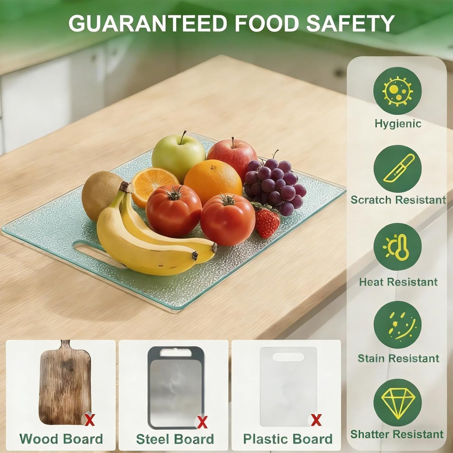 Tempered Glass Cutting Board with Handle, 3PCS Frosted Glass Cutting Board for kitchen counter, Non Toxic, Plastic Free, Scratch Resistant, Dishwasher Safe, Easy to Clean(16"x12"&15"x10"&12"x8")
