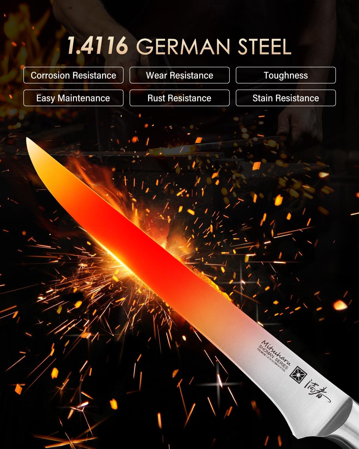 Mitsuharu 6" Fillet Knife for Meat Cutting, SHOMAN Series Sharp Boning Knife with Olive Wood Handle, German Steel Fillet Knife, Super Sharp for Lamb Pork Shoulder Fish