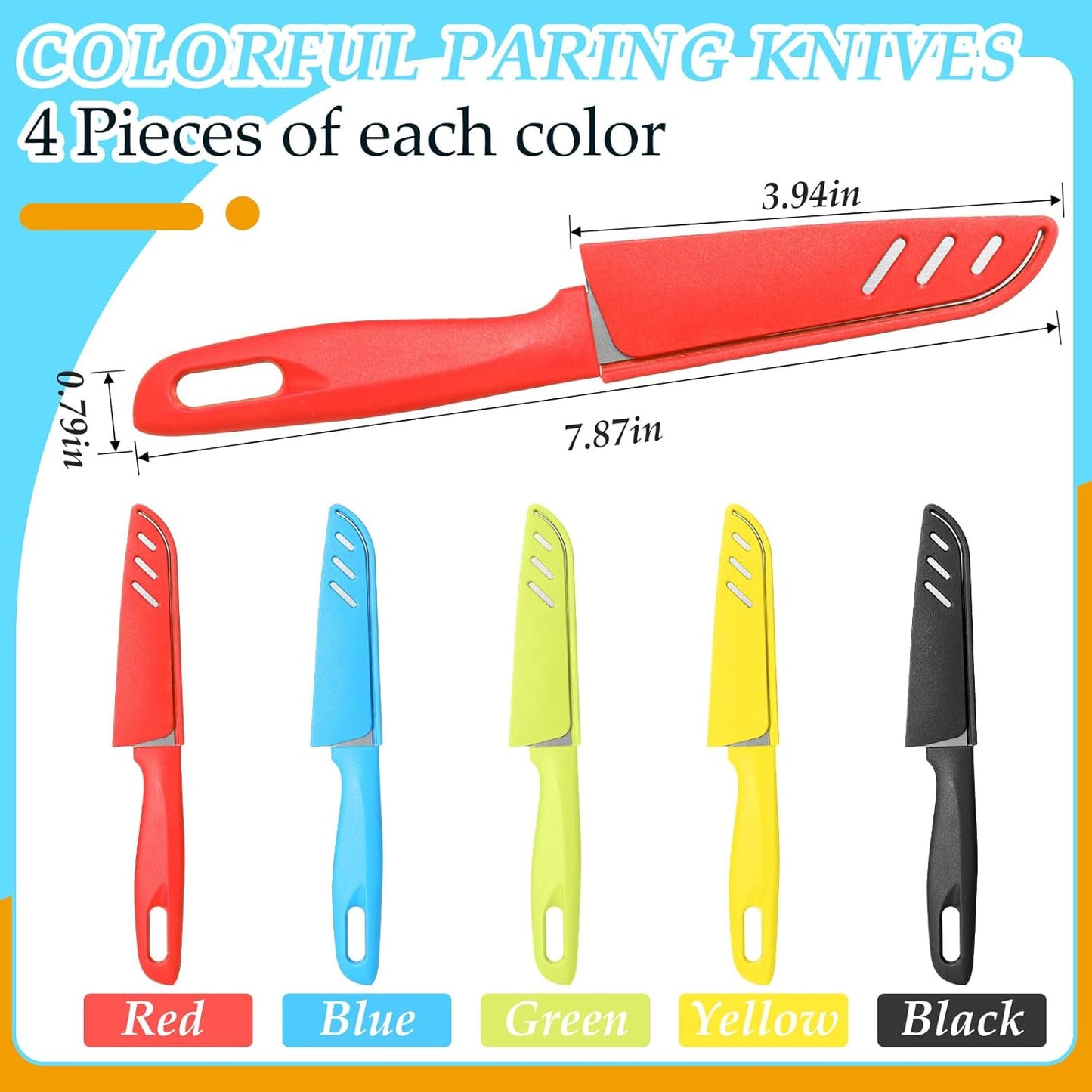 Lothee 50 Pcs Paring Knife Bulk, 5 Colors Fruit Vegetable Stainless Steel Kitchen Ultra Sharp Knife with Plastic Handle for Chef Cutting Peeling Cooking, 3.94 Inches Blades