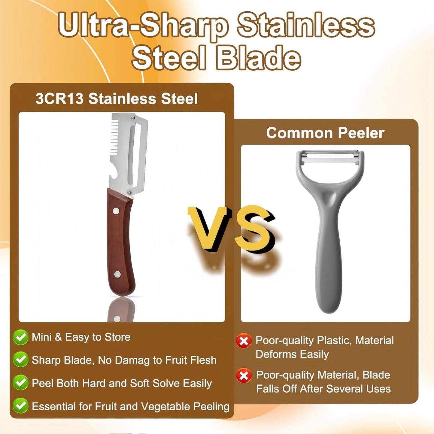 2PCS Multifunctional Vegetable Peeler, Upgrade 3-in-1 Wooden Handle Peelers with Bottle Opener, Premium Stainless Steel Peeler, Fruit Knife for Welsh Onion, Potato, Carrot, Apple, Pumpkin with a Brush