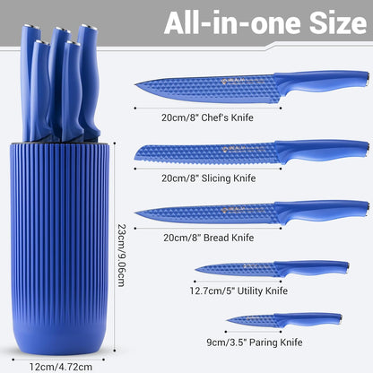 Kitchen Knife Set with Block, 6-Piece Non-stick Stainless Steel Sharp Knives Set for Precision Cutting with Universal Knife Block for Kitchen, Ergonomic Design & Dishwasher Safe, Pink