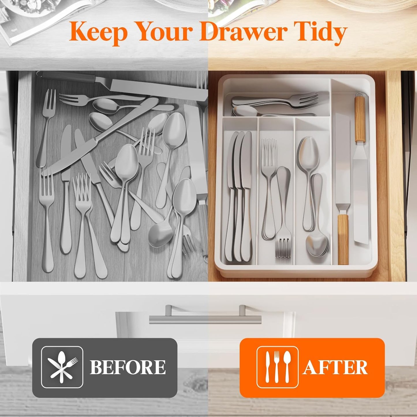 Lifewit Silverware Drawer Organizer Tray, Plastic Cutlery Storage for Kitchen, Flatware and Utensil Holder Divider for Spoons Forks Knives Tableware, 9.1 x 12.6", 5 Slots, Black