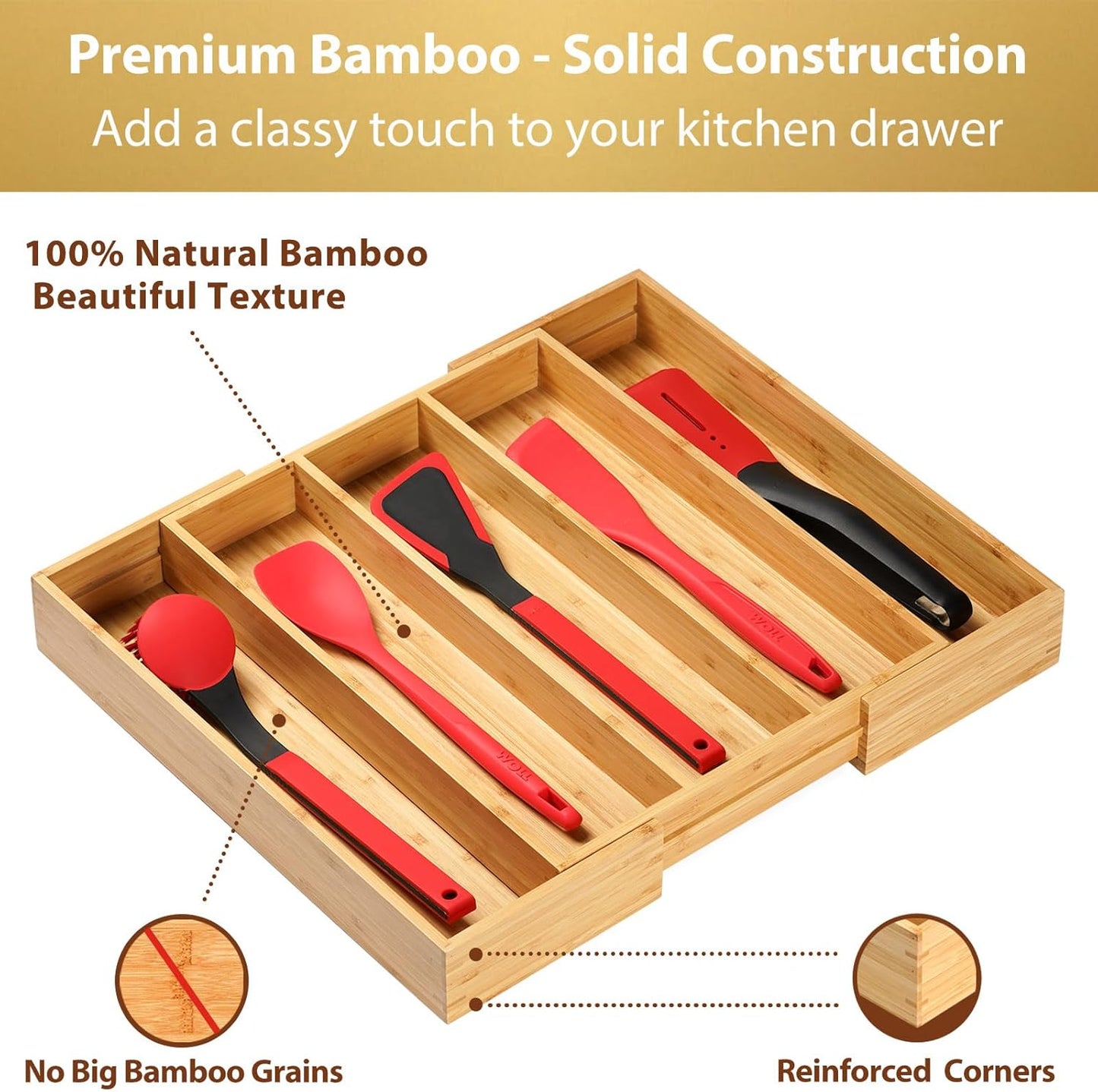 Umilife Large Expandable Kitchen Silverware Utensils Drawer Organizer, 2.5" Extra High Adjustable Drawer Divider with Curved Grooves, Bamboo Wood Cutlery Tray Flatware Holder