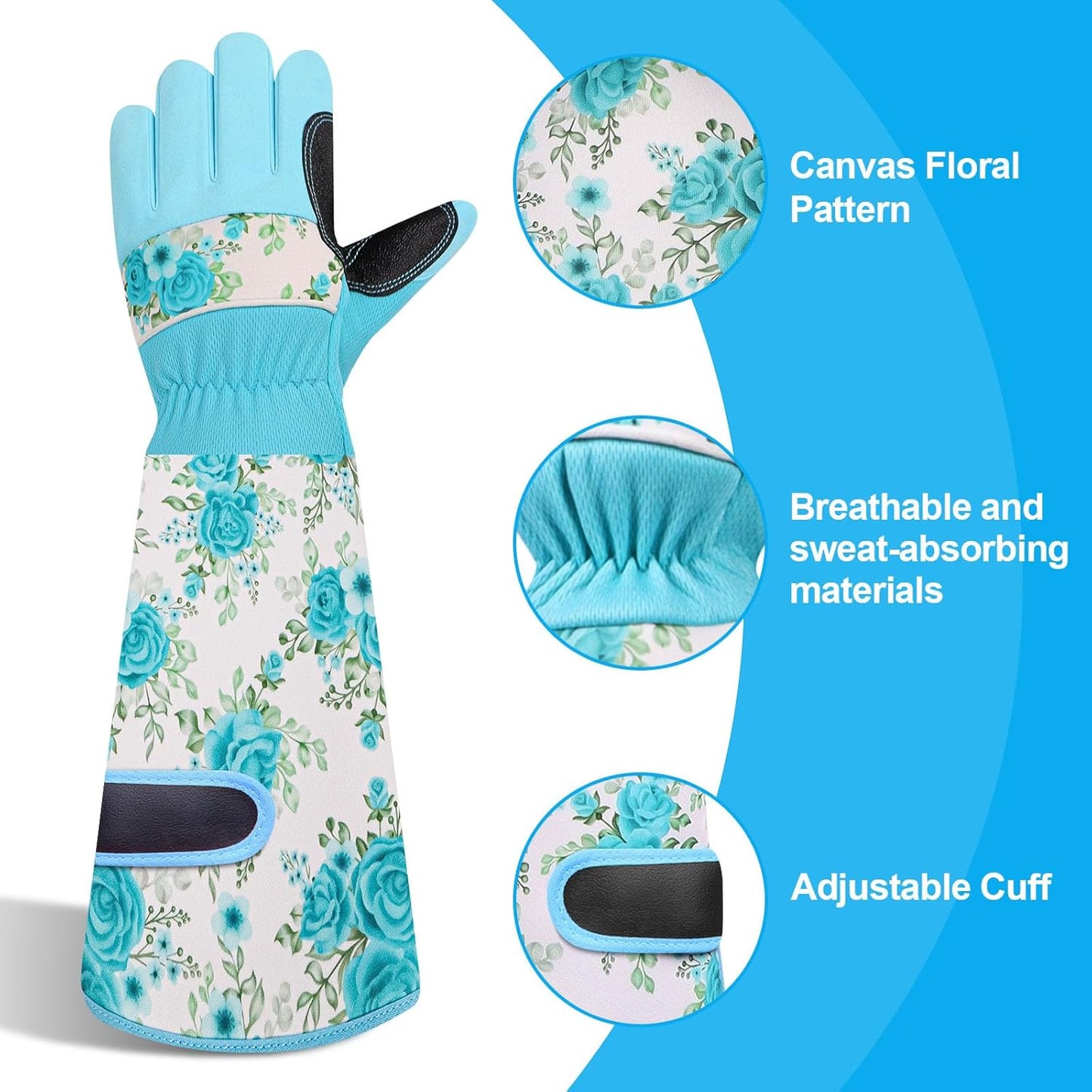 DLY Gardening Gloves for Women, Rose Gloves Gardening Thorn Proof, Long Garden Gloves for Women, Breathable Cowhide Leather Gauntlet (Medium, Blue)