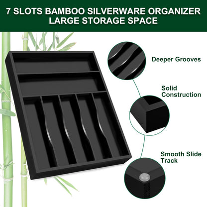 Bellsal Natural Utensil Organizer 12.5 Inch Silverware Organizer for Drawer Utensil Holder Cutlery Organizer Kitchen Drawer Organizer 7 Compartment Small Narrow Bamboo