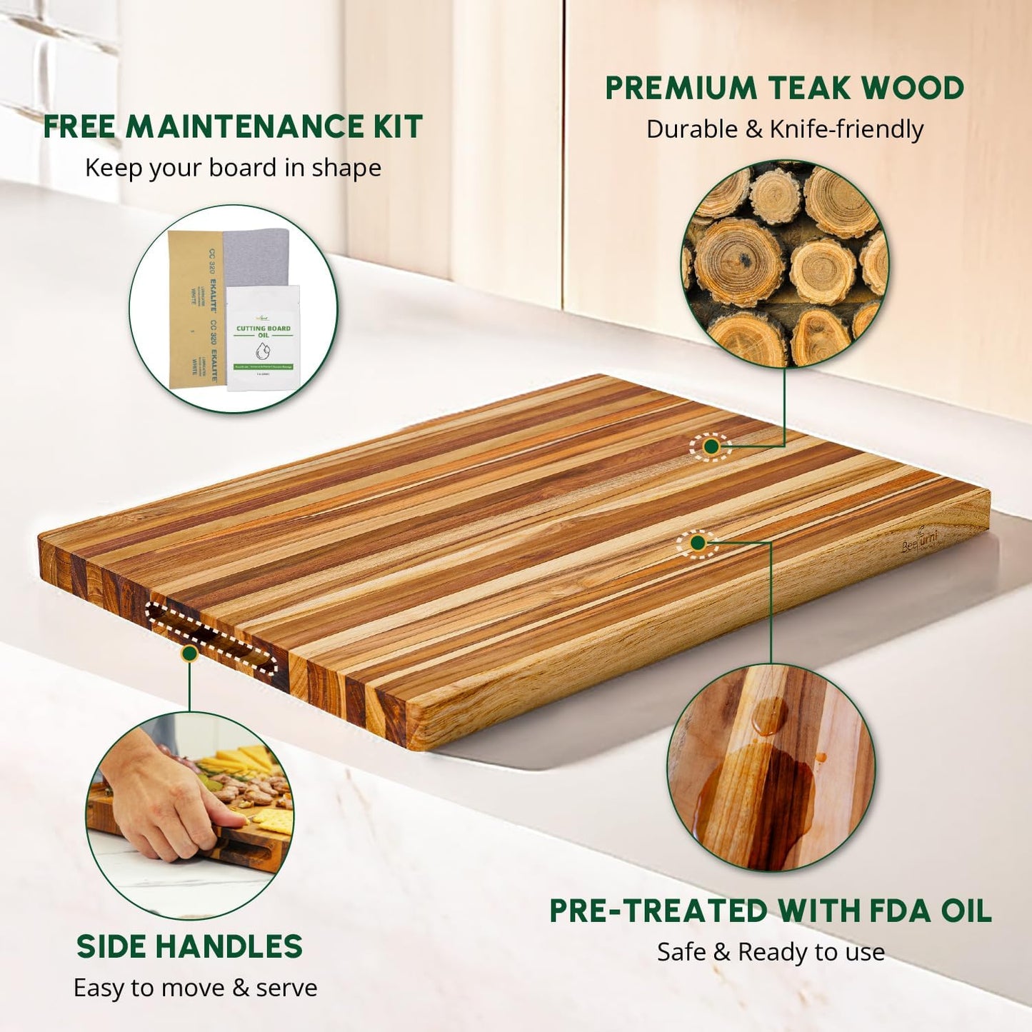 BEEFURNI Teak Wood Cutting Board with Juice Groove Hand Grip (S, 18x14x1"), Durable Wooden Cutting Boards for Kitchen, Butcher Block, Serving & Charcuterie Board, Gift Box Included, 1-year Warranty