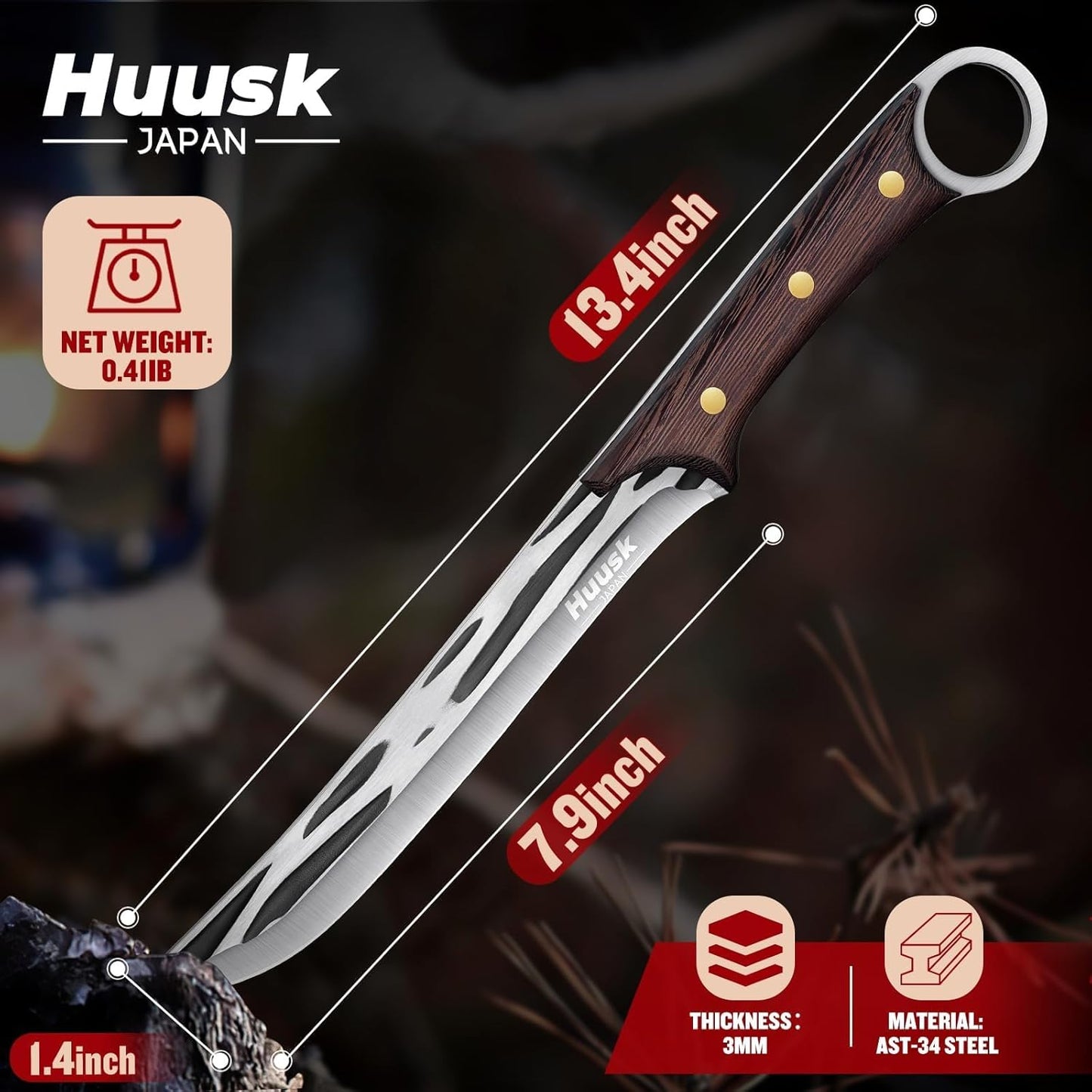 Huusk Viking Knife with Sheath - Hand Forged Butcher Knife for Meat Cutting - High Carbon Steel Meat Knives- Multipurpose Japanese Chef Knives for Camping, Outdoor, BBQ, Gift for Men and Women