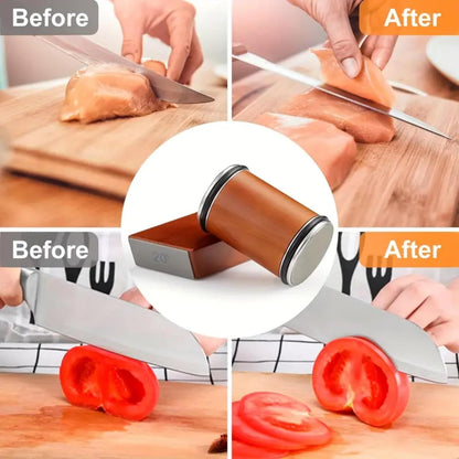 Rolling Knife Sharpener Kit - Compact Wooden Sharpener with 15° & 20° Magnetic Angle | Diamond Disc Knife Honing Tool | Professional Kitchen Use | Safe Sharpening for Home Cooking