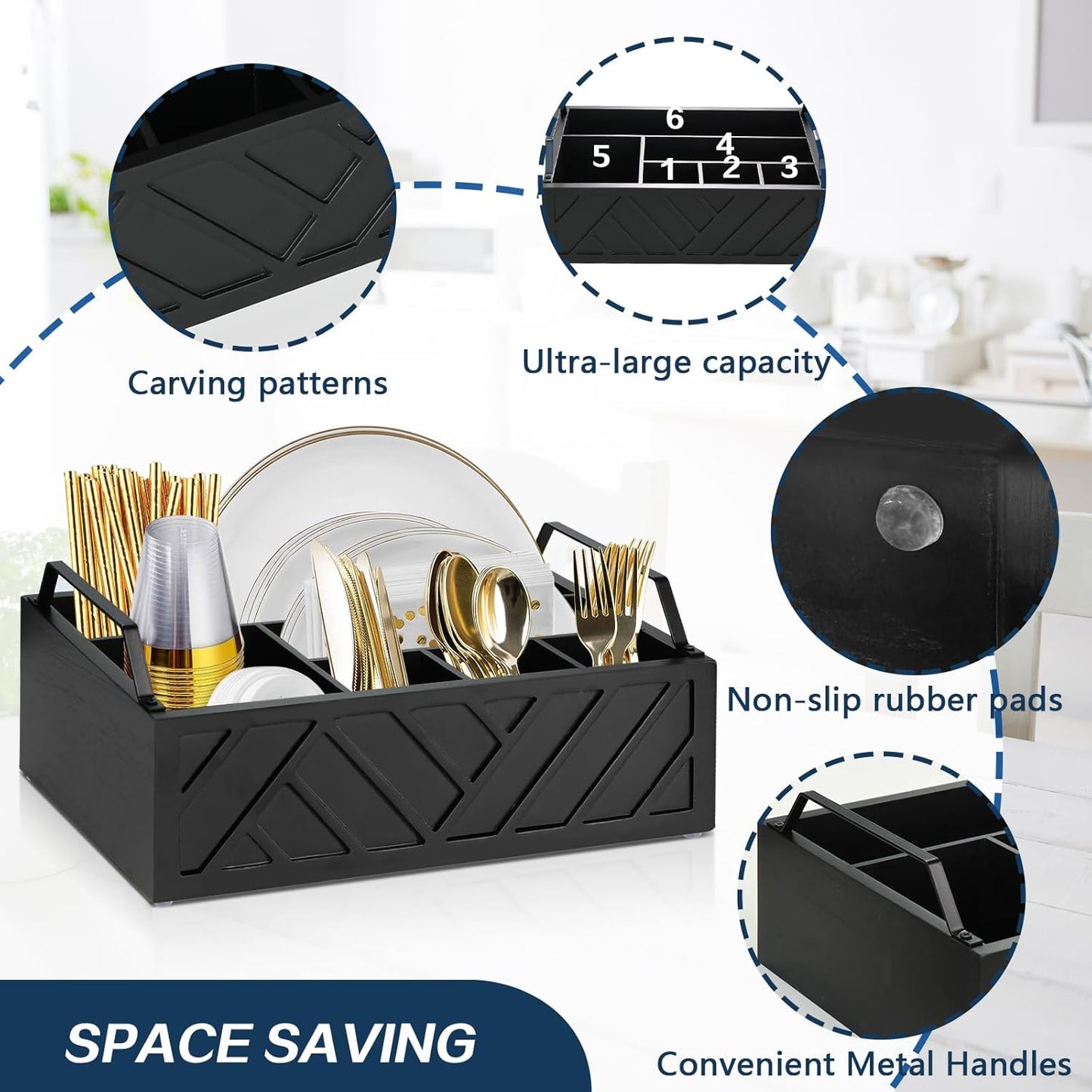Ukonvi Paper Plate Dispenser, Paper Plate Holder for Kitchen Counter, Wood Rustic Silverware Utensil Caddy, Cutlery Flatware Organizer Box for Cups Spoons Forks Plates Napkins, Kitchen Accessories