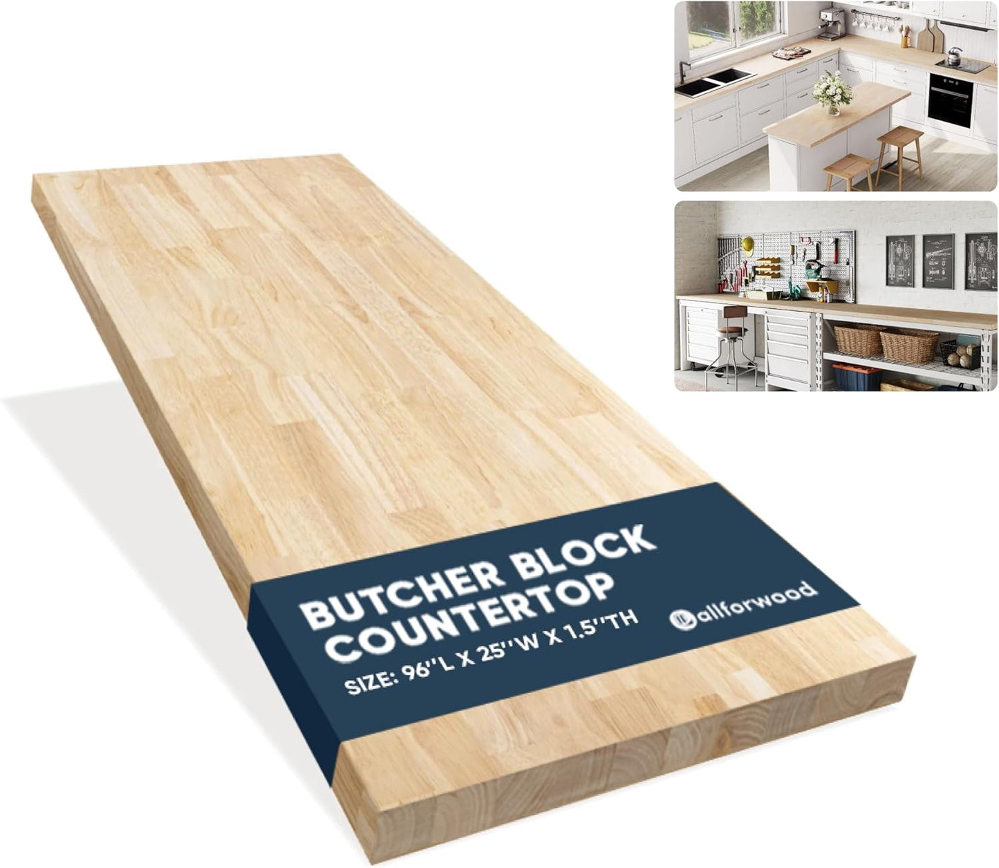 36''L x 25''W x 1.5''Th Hevea Solid Wood Butcher Block Countertop, Butcher Block Table Top for DIY Washer Dryer/Island/Kitchen Countertop (Unfinished)