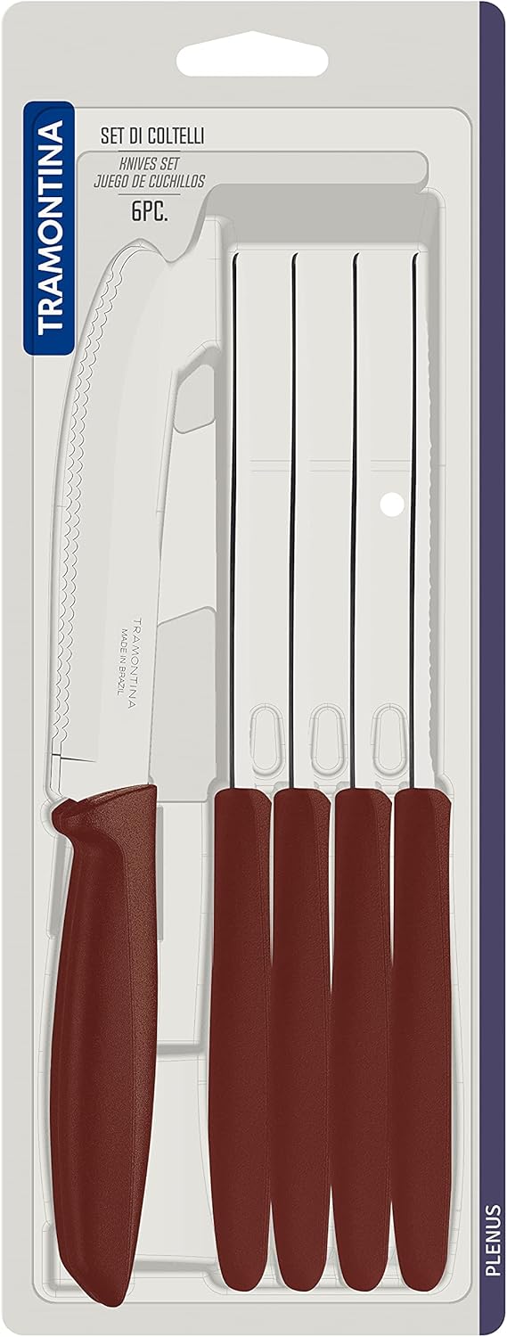 Tramontina Kitchen Knives Set of 6, Serrated Fruit Tomato Cooking Knife, Vegetable Chopper Peeler, Stainless Steel, Multipurpose, Pointed Tip, Brown, 23498454