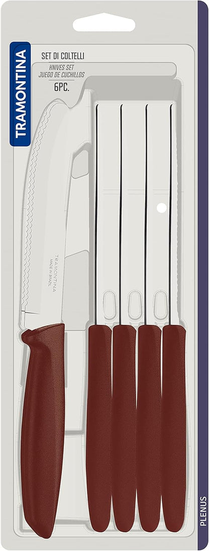 Tramontina Kitchen Knives Set of 6, Serrated Fruit Tomato Cooking Knife, Vegetable Chopper Peeler, Stainless Steel, Multipurpose, Pointed Tip, Brown, 23498454