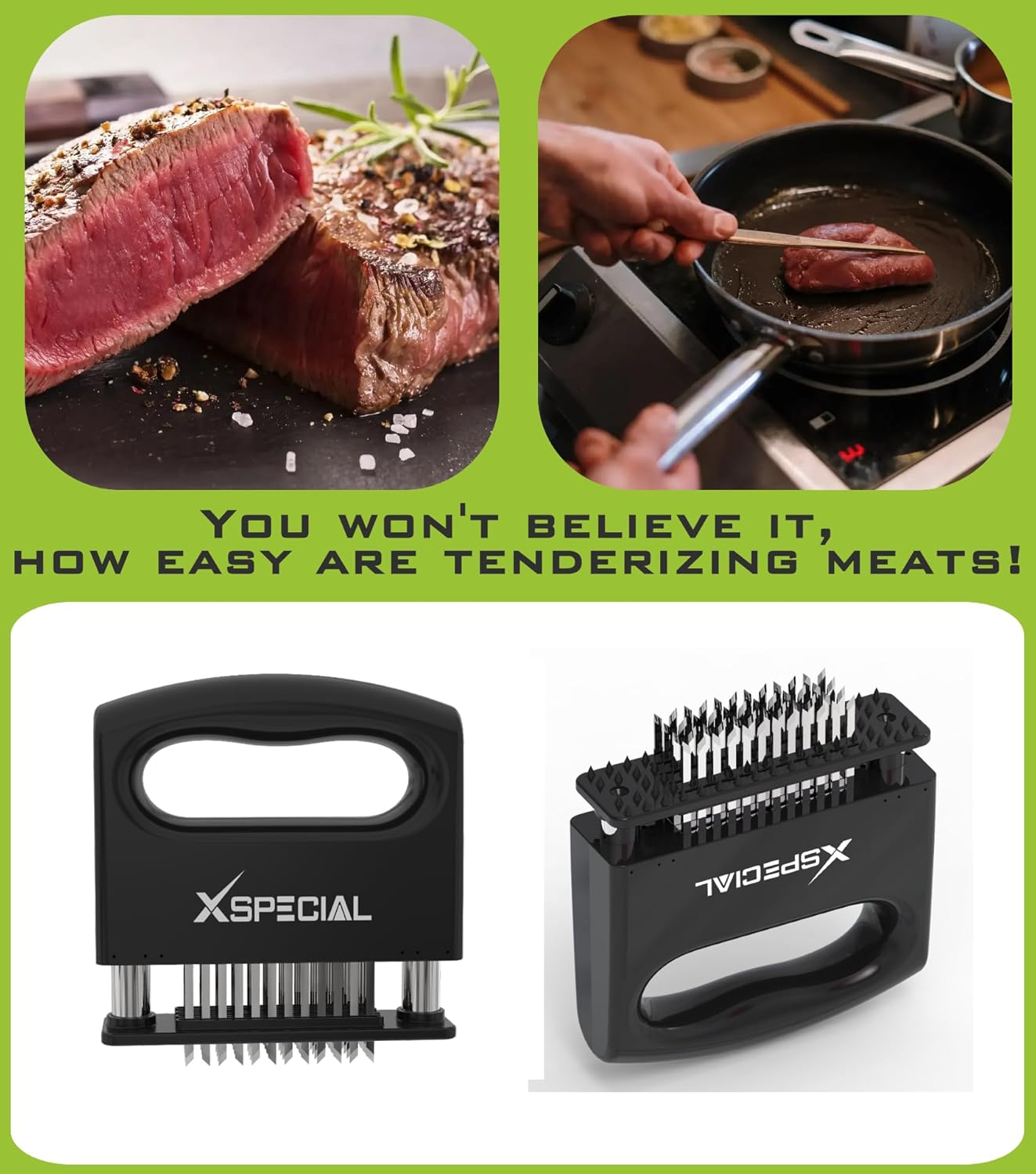 XSpecial Meat Tenderizer Tool 48 Blades Stainless Steel - Kitchen Cooking Gadgets Tools with Ultra Sharp Needle That Makes Steak & Chicken Tender - No More Hammer, Meat Pounder Or Mallet