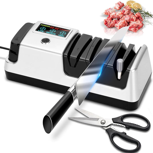 5 in 1 Electric Knife Sharpener for Kitchen Knives, 3 Adjustable Speed, 100% Diamond Knife Sharpener for Straight, Scissors, Serrated & Ceramic Knives, Sliver