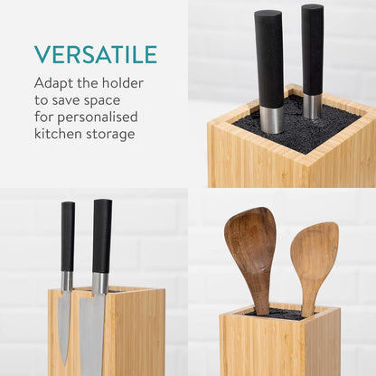 Navaris Bamboo Kitchen Knife Block - Magnetic Rotating Bristle Knife Holder - Universal Knife Block Storage Stand with Bristles - 9.8" x 4.9" x 4.9"