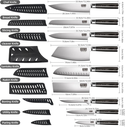 MDHAND Chef Knife Set with Roll Bag, 10PCS Professional Knife Set with Sharpener, High Carbon Stainless Steel Japanese Kitchen Knives - Black Pakkawood Handle, Dishwasher Safe, For Cooking, Chef Gifts