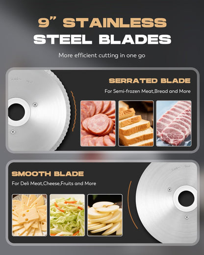 CGOLDENWALL 220W Meat Slicer, 9" Electric Deil Food Slicer with 2 Stainless Steel Blades, 4/5" Adjustable Thickness, Food Slicer Machine for Home Cutting Meat Cheese Bread Vegetables, 110V CE