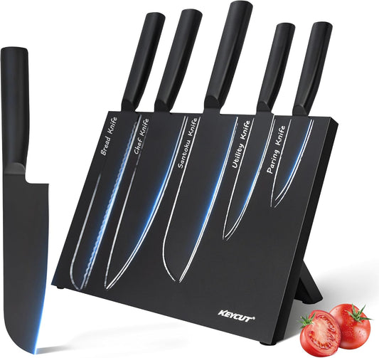 6 Pieces Knife Set with Foldable Magnetic Knife Block, Japanese Knife Sets, High-Grade 5CR Stainless Steel Chef Knives Sets with Wood Block, Professional Chef's Knife Set