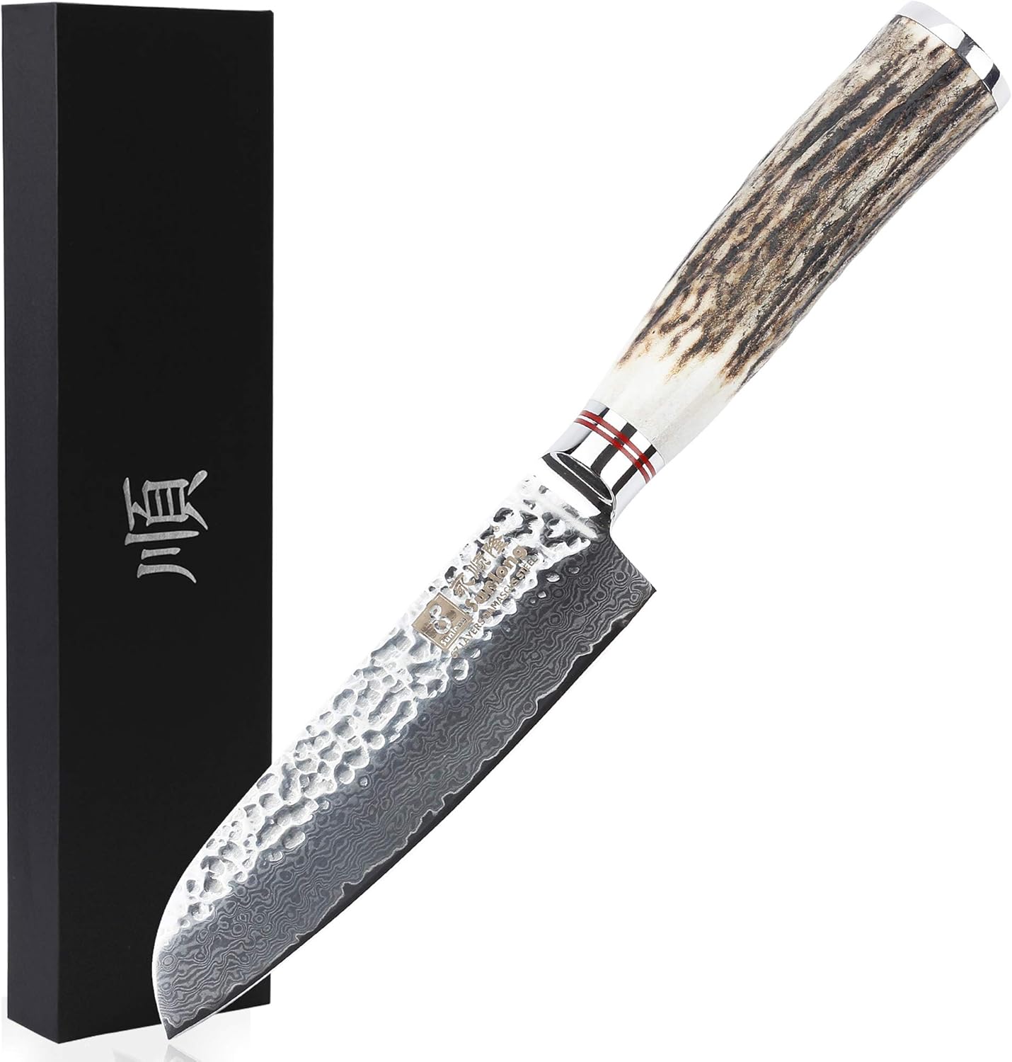 SUNLONG Usuba & Nakiri Knife 6.5 inch Fruit and Vegetable Knife Japanese Hammered Damascus Steel Super sharp - Natural Deer Horn Handle