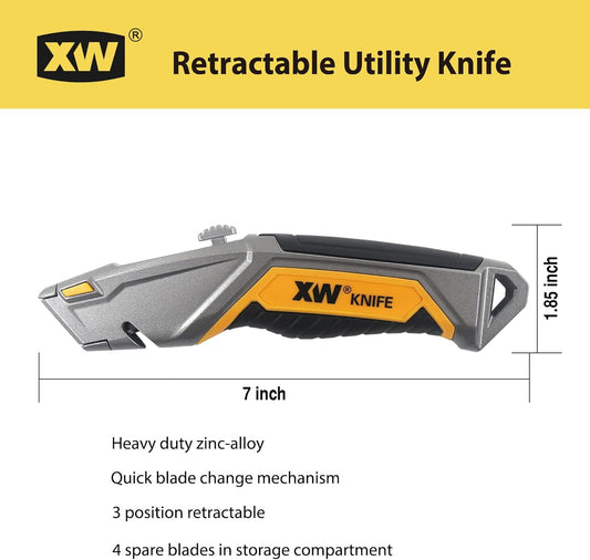 XW Utility Knife Set, Heavy Duty Zinc Alloy Retractable Box Cutter and Folding Utility Knife with Blade Storage Design, Total 18 PCS Blades Included, 2-Pack