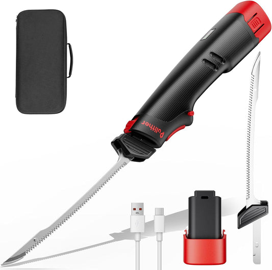Electric Knife with 9" Stainless Steel Blades, 27500 RPM Motor Rechargeable Cordless Electric Fillet Knife with Non-slip Grip Handle and Safety Lock,Type-C Charge, Portable Carry Case