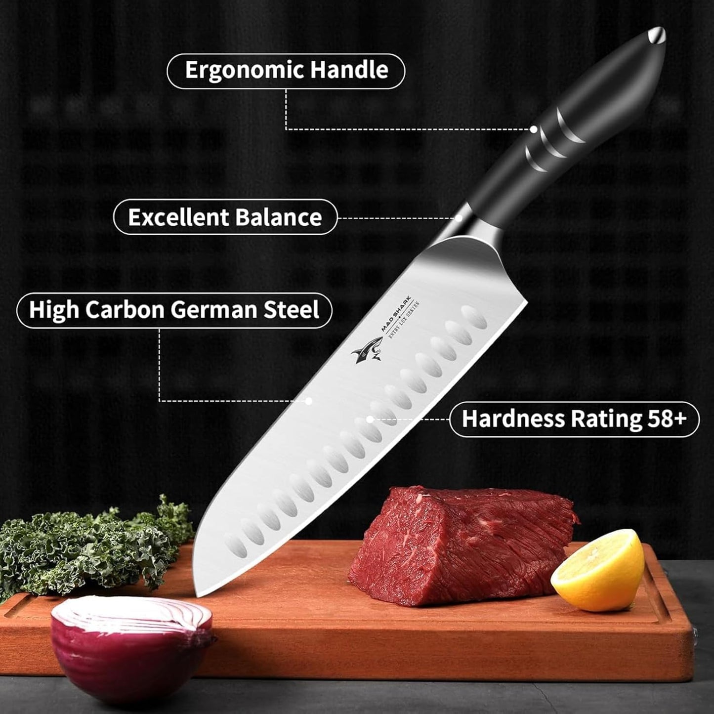 MAD SHARK 8 Inch Santoku Knife - Ultra Sharp Japanese Kitchen Knife with High Carbon German Steel, Ergonomic Handle, Ideal for Slicing, Dicing, Cutting - Unique Gift for Chefs, Men & Women (Black)
