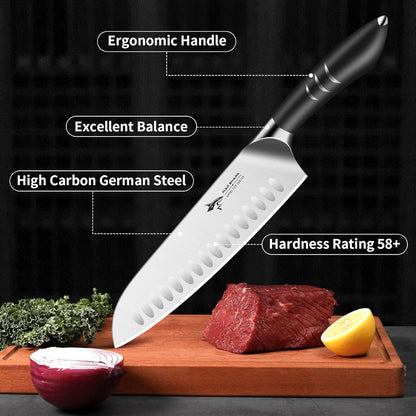MAD SHARK 8 Inch Santoku Knife - Ultra Sharp Japanese Kitchen Knife with High Carbon German Steel, Ergonomic Handle, Ideal for Slicing, Dicing, Cutting - Unique Gift for Chefs, Men & Women (Black)