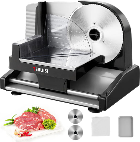 Meat Slicer, 200W Electric Deli Food Slicer with 2 Removable 7.5'' Stainless Steel Blades and Tray, 0-15mm Adjustable Thickness For Home Use, Easy to Clean, Cuts Meat, Bread and Cheese